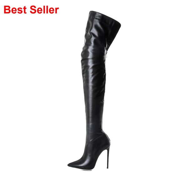 Over the Knee High Heel Boots Faux Leather Zipper Back Pointed Toe Stretch